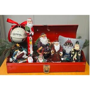 Vintage Holiday Santa Arrangement Red Metal Toolbox Rustic Lighted Greenery